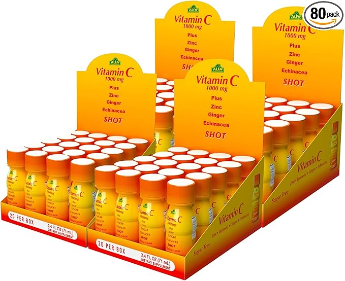 Vitamin C Shot 1000MG 80 Pack by ALFA Vitamins - Immunity Booster with Zinc, Ginger, & Echinacea - Protect Your Immunity Orange Flavor - 2.4 FL Oz Bottle