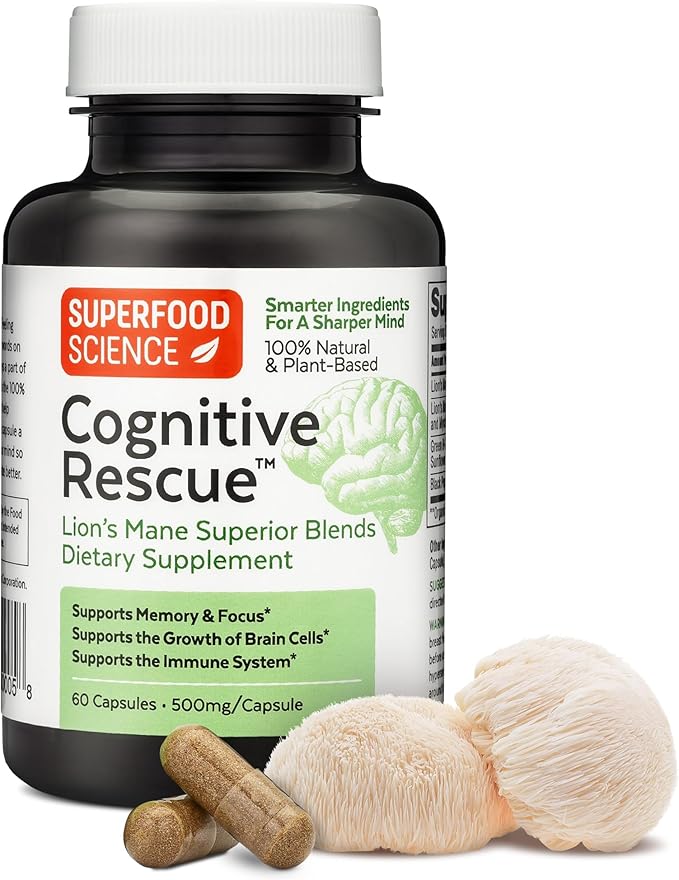 Cognitive Rescue, Lion's Mane Mushroom Capsules w/Lion's Mane Dual Extract, Nootropics, Brain Supplement for Memory and Focus, Mushroom Immune Support w/B Vitamins Complex, BioPerine, 60 Capsules