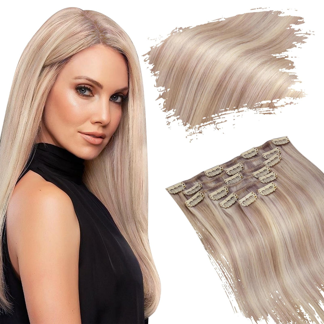 Ugeat Clip In Hair Extensions Ash Blonde Highlight Double Weft Clip In Human Hair Extensions Ash Blonde With Blonde Remy Hair Ex