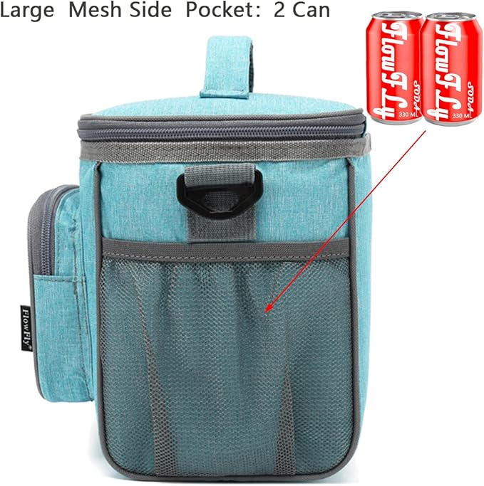 FlowFly Insulated Reusable Lunch Bag Adult Large Lunch Box for Women and Men with Adjustable Shoulder Strap,Front Zipper Pocket and Dual Large Mesh Side Pockets,SeaBlue