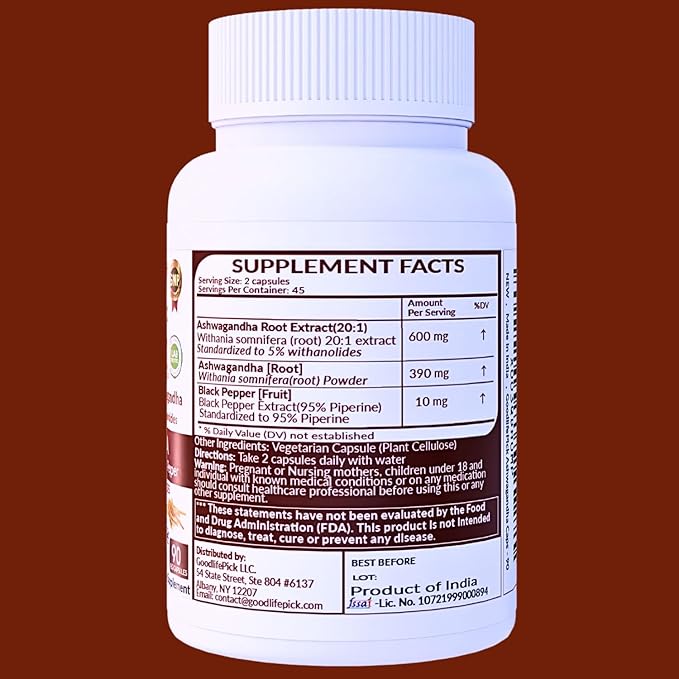 Ashwagandha Capsules with Black Pepper from Pure Ashwagandha Powder & 20:1 Ashwagandha Root Extract with Black Pepper 90 Veg Cap AllNatural NonGMO Vegan NO Rice Powder NO Gluten