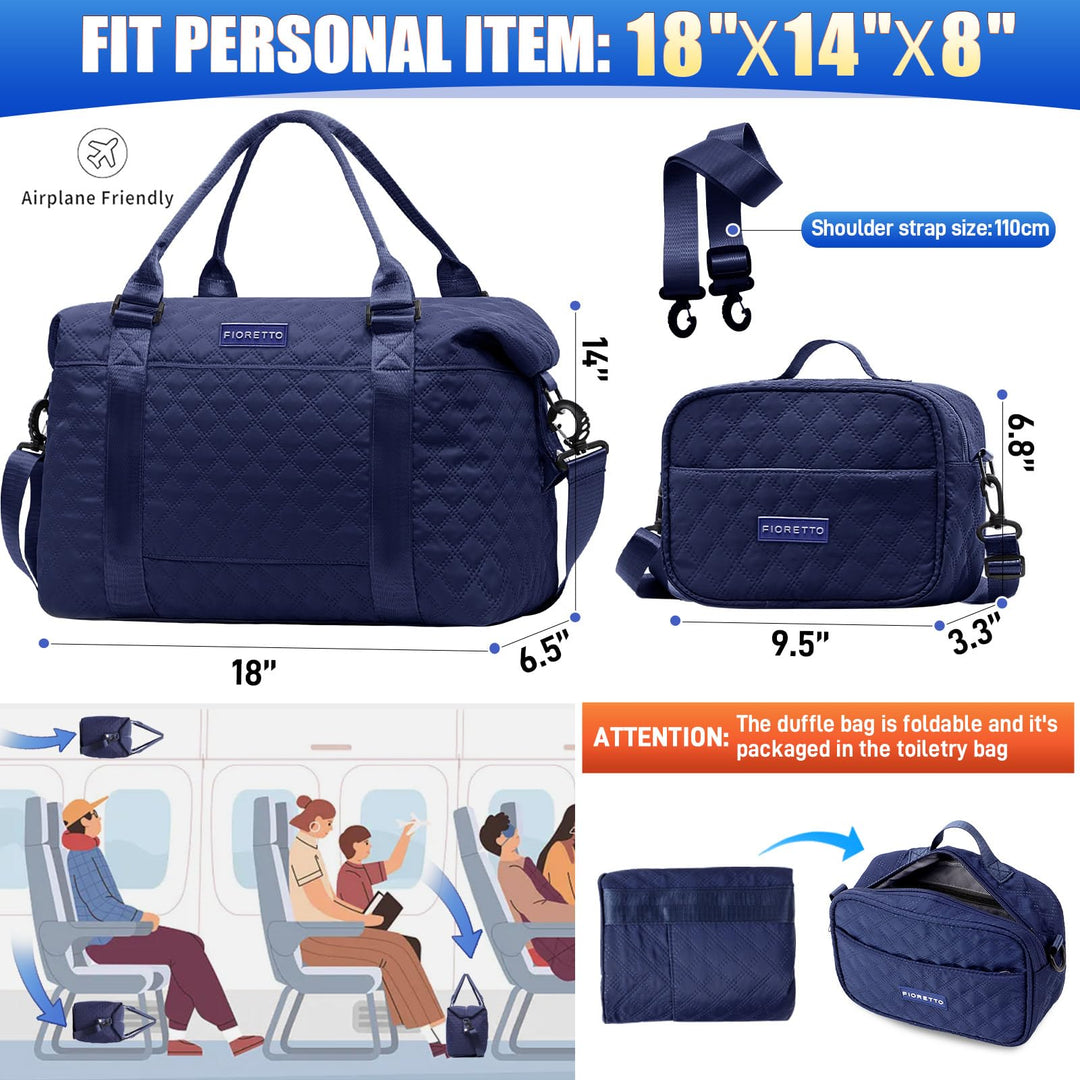 FIORETTO Women's Water-Resistant Travel Gym Duffle Bag with Detachable Strap, Multi-Functional, Ideal for Travel, Gym, Sports, Weekender, DUffel, with Toiletry Bag, Navy Blue