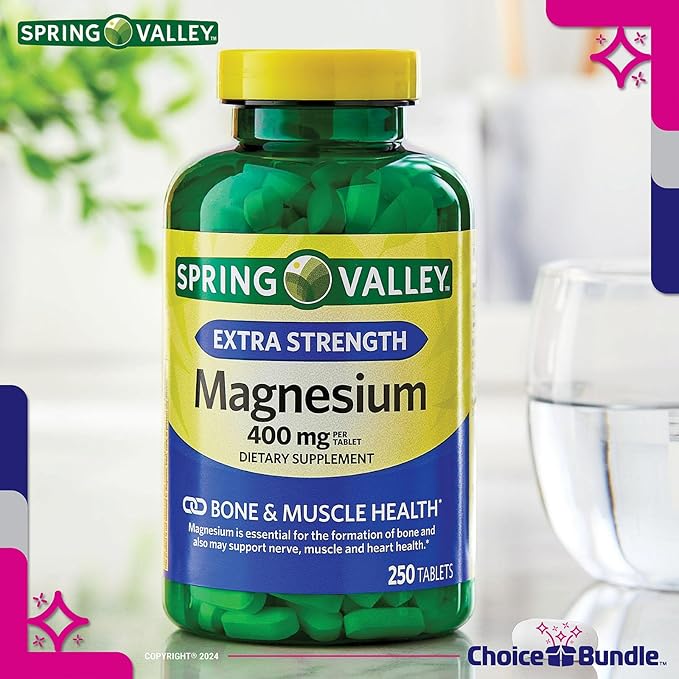 Spring Valley Magnesium Bone & Muscle Health Dietary Supplement Tablets 400 mg 250 Ct 3 pk Choice Bundle (750 Total) + “Vitamin Vitality” Guide & Pill Container (5 Items)!
