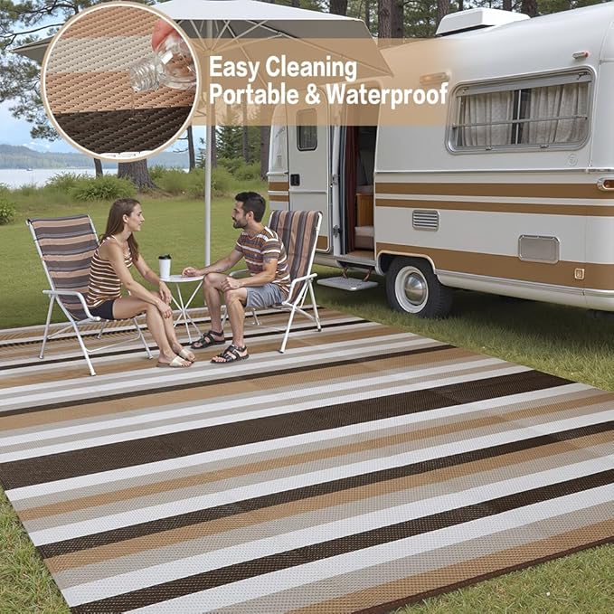 Outdoor Waterproof Rug 6'x9' Plastic Straw Rugs Washable Reversible Floor Mat Brown Stripe Carpet for Camping RV Deck Entryance Porch Picnic Balcony Beach Backyard
