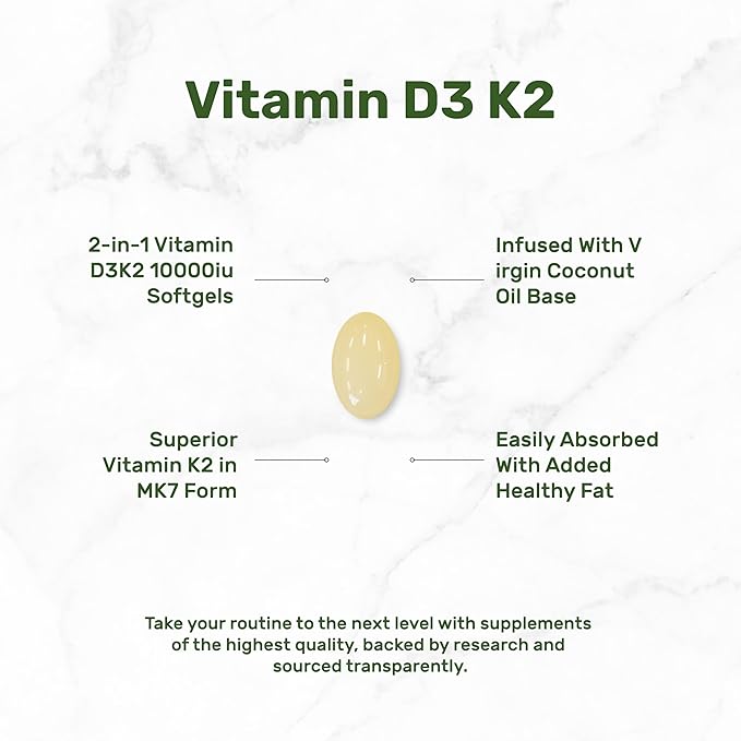 DEAL SUPPLEMENT Vitamin D3 10,000 IU + K2 MK7 200 mcg, Infused with Virgin Coconut Oil, 250 Softgels, Double Strength Vitamin D & K, Promotes Heart, Bone & Teeth Health - Very Easy to Swallow