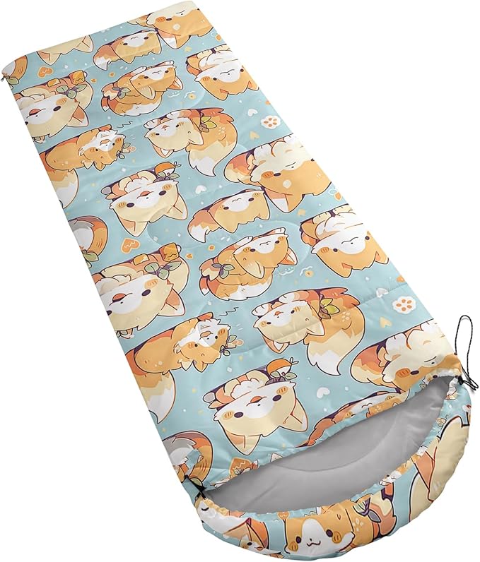 AILONEN Cartoon Fox Camping Sleeping Bag for Boys Girls Adults,Lightweight & Waterproof,3 Season Warm & Cold Weather,Portable,Kawaii Fox Printed Sleeping Bag,Traveling,Camping,Hiking