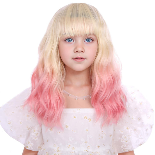 Edivd Blonde Ombre Pink Wig for Children Short Blonde Pink Wig with Air Bangs for Kids Girls Short Light Blonde Wavy Curly Wig Heat Resistant Synthetic Wig with Wig Cap
