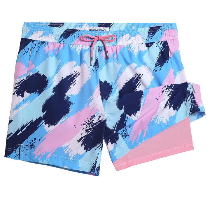 maamgic Mens Swim Trunks with Compression Liner 5" Stretch Athletic Swimming shorts Quick Dry with Zipper Pockets No-Chafing Board Shorts Blue Pink Texture Painting X-Small