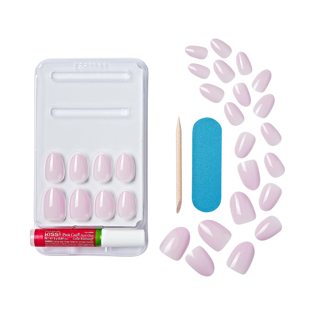 KISS Gel Fantasy, Press-On Nails, Nail glue included, 'Pure Love', Light Pink, Short Size, Almond Shape, Includes 28 Nails, 2G Glue, 1 Manicure Stick, 1 Mini File