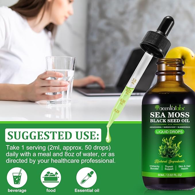 Sea Moss Liquid Drops - Irish Sea Moss with Burdock Root, Black Cumin, Bladderwrack, Ashwagandha - Essential Minerals Seamoss Supplement for Immune, Joint, Digestion, Aging Support