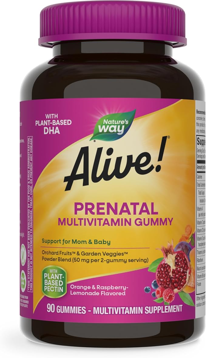 Nature’s Way Alive! Prenatal Multivitamin, Plant-Based DHA for Baby's Healthy Brain & Eye Development*, Vegetarian, Orange and Raspberry Lemonade Flavored, 90 Gummies (Packaging May Vary)
