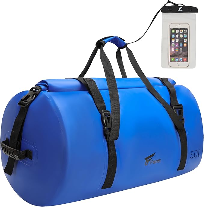 8 Fans Extra Large Waterproof Duffle Bag,Heavy Duty Travel Dry Bag with Durable Straps & Handles, Ideal for Kayaking,Paddleboarding,Boating,Rafting,and Fishing (Blue, 50L)