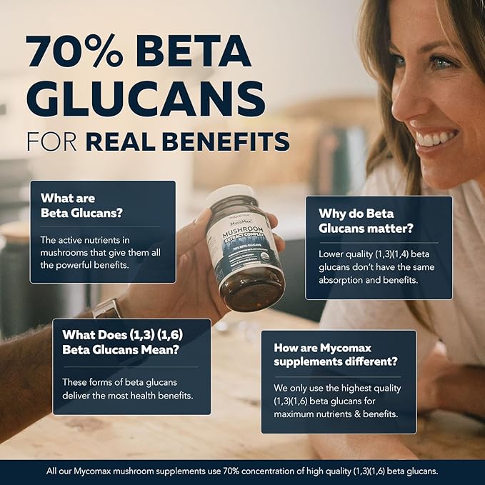 MycoMax Mushroom Complex - 70% Beta Glucans, Max Potency Mushroom Supplement, US Grown + Ultrasonic Extraction - Lions Mane, Cordyceps, Reishi & More - Cognition, Immunity, Energy - 60 capsules