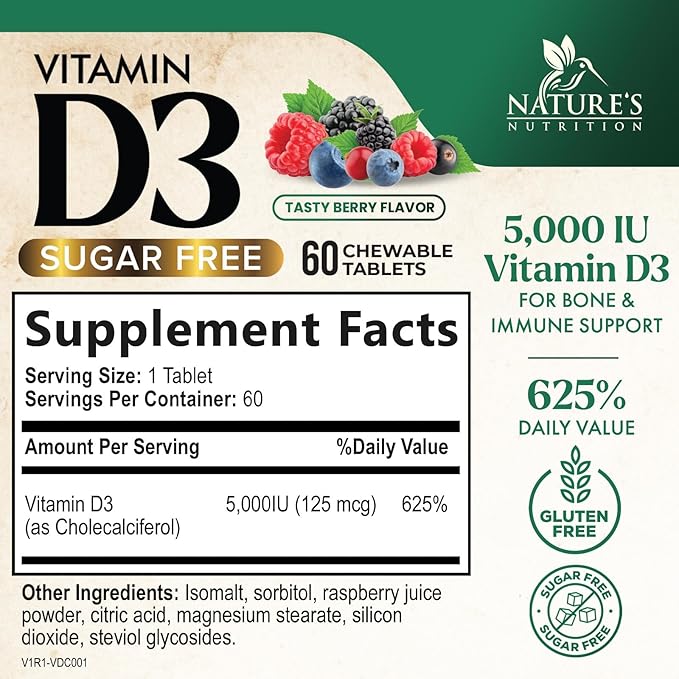Vitamin D3 5000 IU (125 mcg) - Chewable Vitamin D Supplements for Bone, Teeth, Muscle & Immune Support, Sugar Free, Non-GMO, Gluten Free, Nature's Extra Strength D3 Vitamin - 60 Chewable Tablets
