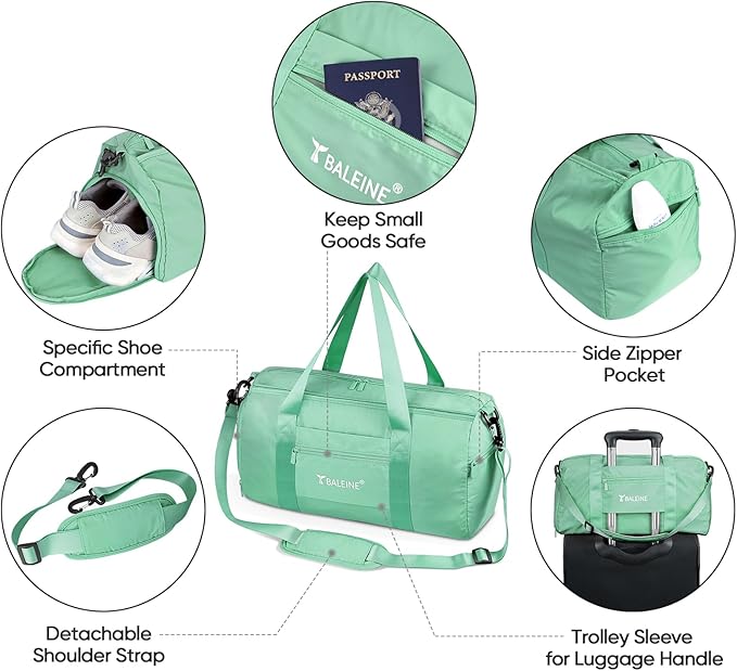 BALEINE Gym Bag for Women and Men, Small Duffel Bag for Sports, Gyms and Weekend Getaway, Waterproof Dufflebag with Shoe and Wet Clothes Compartments, Lightweight Carryon Gymbag (Green)