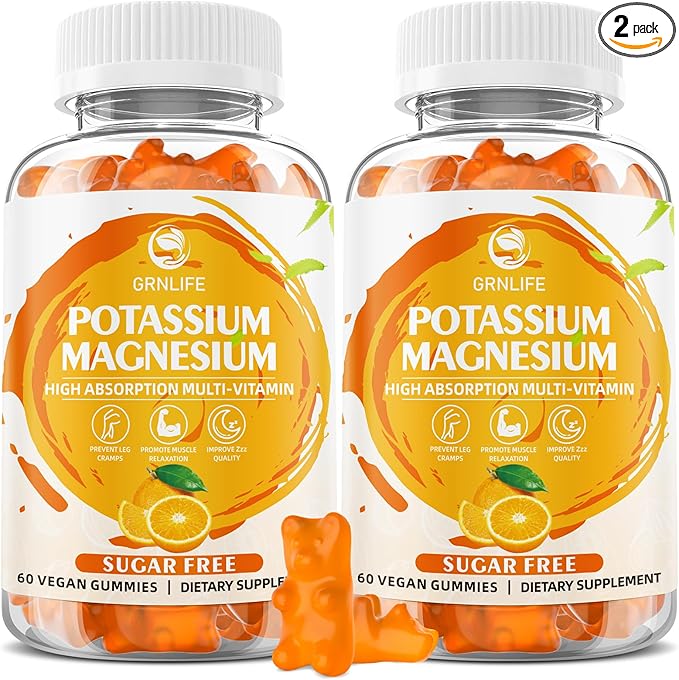 Potassium Gummies for Adults, Potassium Magnesium Supplement for Leg Cramps & Immune Health, Sugar-Free, Vegan Orange Flavors-120 Count