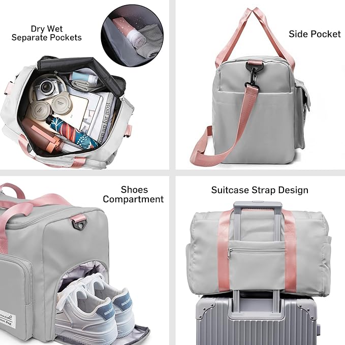 Travel Duffel Bag with Shoes Compartment Sports Gym Bag with Dry Wet Separated Pocket for Men and Women, Overnight Bag Weekender Bag Training Handbag Yoga Bag - Gray Pink