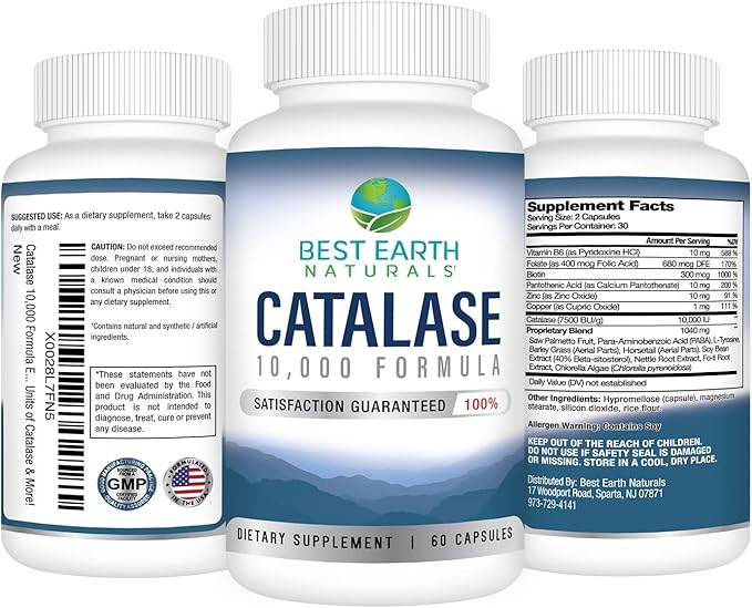 Best Earth Naturals Catalase Formula Starter Set with 60 Capsules of Catalase 10,000 Shampoo 8 Ounces and Conditioner 8 Ounces