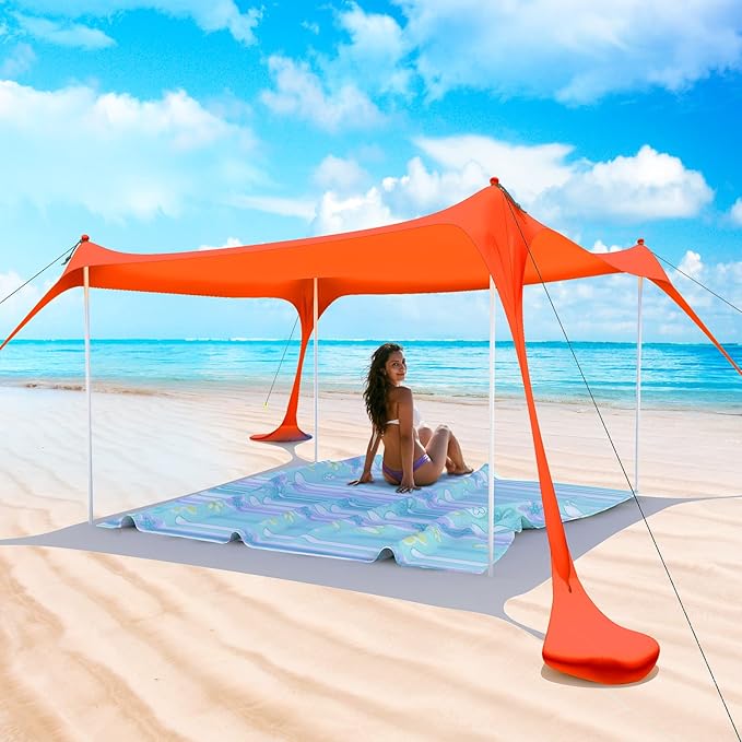 Beach Tent Pop Up Shade Canopy Sun Shelter UPF50+ with 2 Stability Poles/Carry Bag/Ground Pegs/Sand Shovel/Windproof Ropes Portable Outdoor Family Sunshade for Beach Camping (Orange, 10×10FT)