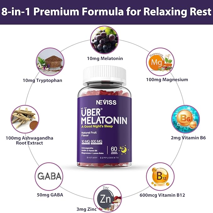 Melatonin Gummies 10mg 20mg for Adults, Melatonin 10 mg per Gummy with Ashwagandha, Magnesium Glycinate, GABA, L-theanine, Valerian Root and Lemon Balm, Rest Support Supplement, Grape Flavor, 60 Cts