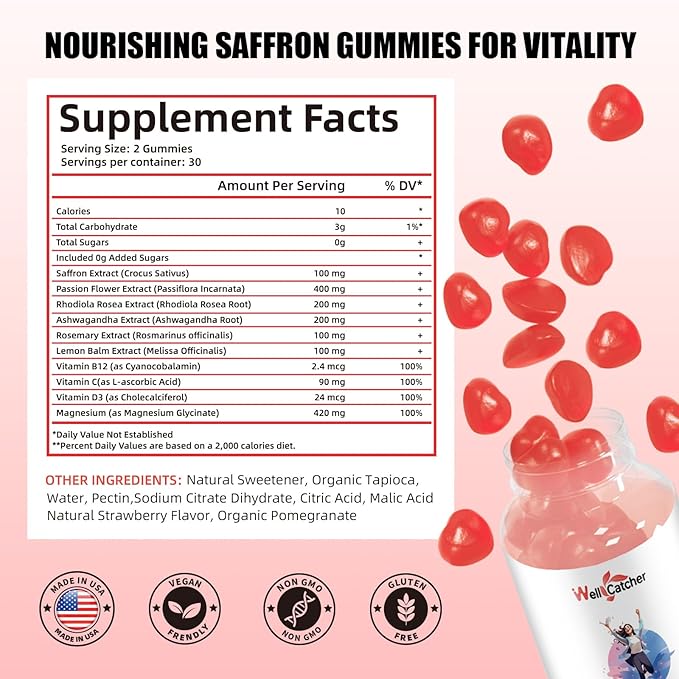 Saffron Gummies for Adults Kids - Organic Saffron Extract Supplement for Men Women Sugar Free for Mood Balance Support Better Sleep Metabolism with Vitamins Non GMO Strawberry Flavored 60 Days Supply