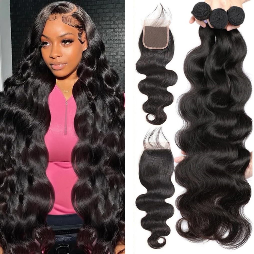 Menalue Human Hair Bundles With Closure (22 24 26+20,Free Part) 10A Body Wave Bundles With Closure Human Hair For Women 100% Bra