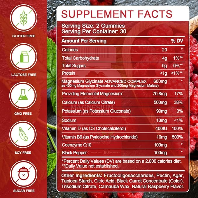 Magnesium Glycinate Gummies - 400mg Magnesium Glycinate Gummies with Vitamin D, B6, and CoQ10, Magnesium Supplement for Relaxation and Cognition, Sugar Free - 60 Raspberry Gummies (2 Pack)