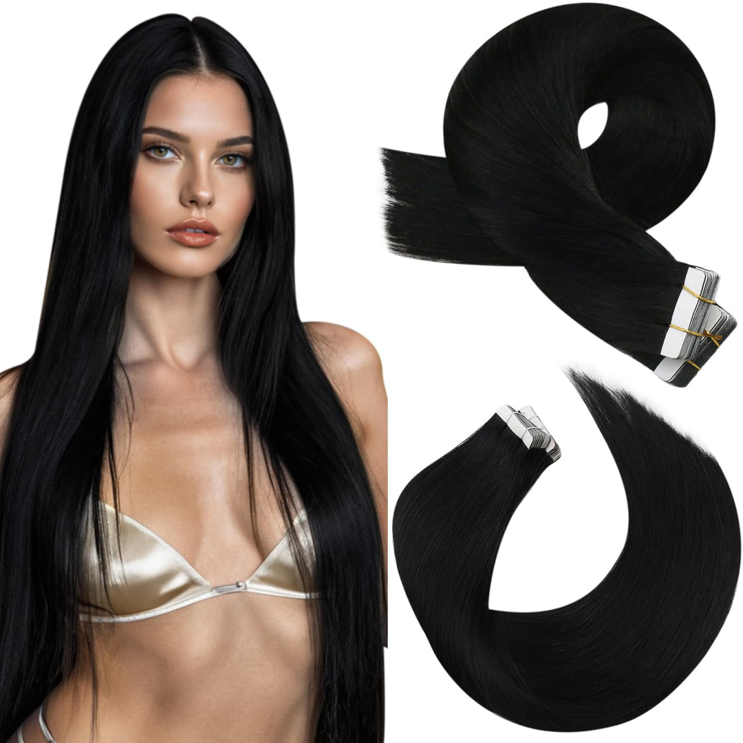 Moresoo Tape in Hair Extensions Human Hair Jet Black Real Hair Tape in Extensions Human Hair Tape in Seamless Hair Extensions Real Human Hair 20 Inch #1 20pcs 50g