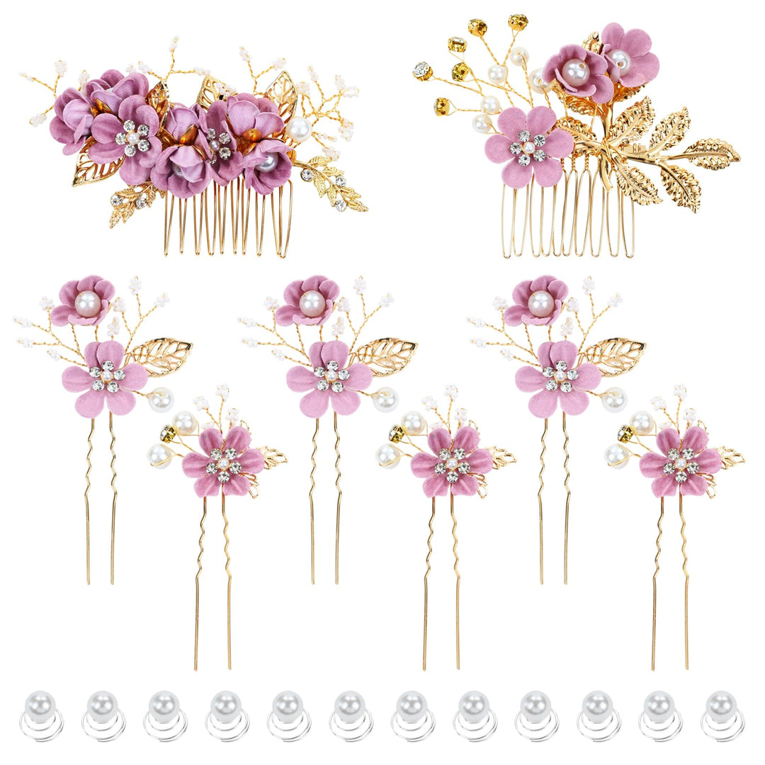 inSowni 20 Pack Classic White Dusty Pink Blue Flower Bridal Wedding Hair Side Combs+U-shaped Flower Hair Pins+Twist Spiral Pearl Hair Pins Pieces Headpieces Accessories for Brides Bridesmaids Women Girls (Purple)