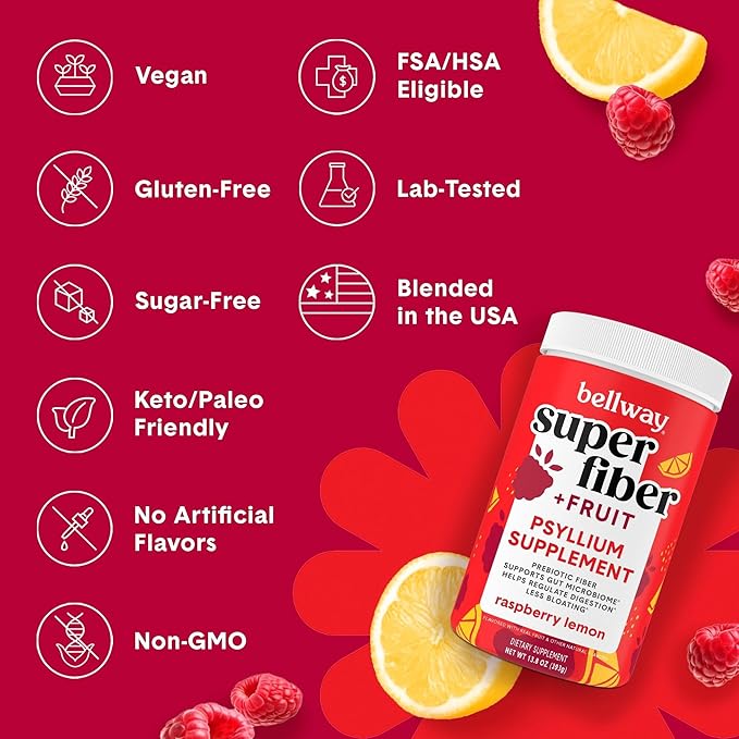 Bellway Super Fiber Powder + Fruit, Sugar Free Organic Psyllium Husk Powder Fiber Supplement for Regularity, Bloating Relief & Gut Health, Non-GMO, Plant-Based, Raspberry Lemon (50 Servings)