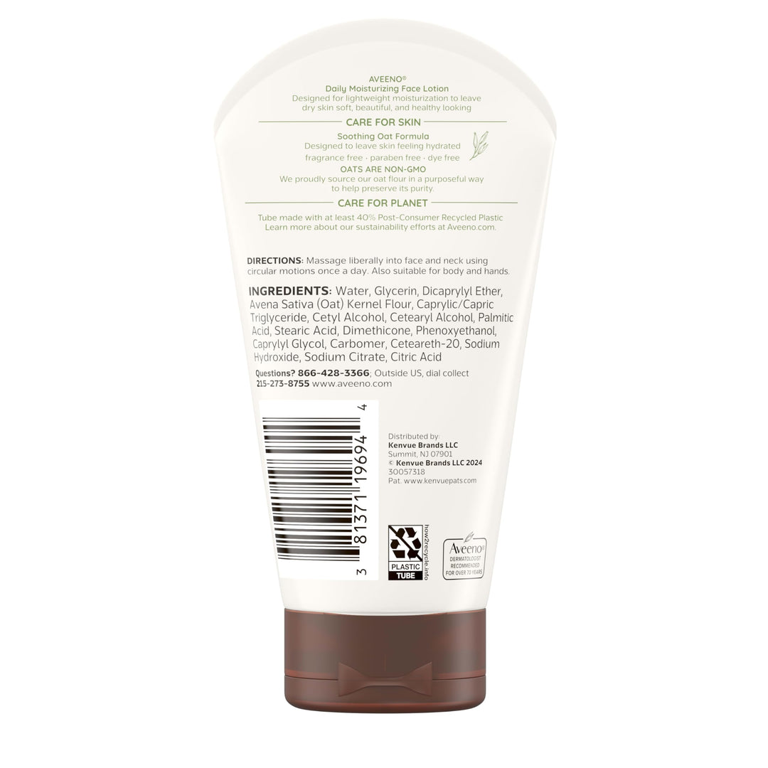 Aveeno Daily Moisturizing Face Lotion with Soothing Prebiotic Oat, Gentle Lotion Nourishes Normal to Dry Skin With Moisture, Facial Lotion for Sensitive Skin, Fragrance-Free, 5 oz