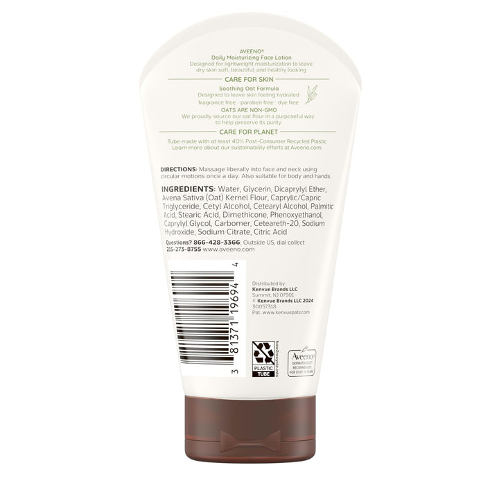 Aveeno Daily Moisturizing Face Lotion with Soothing Prebiotic Oat, Gentle Lotion Nourishes Normal to Dry Skin With Moisture, Facial Lotion for Sensitive Skin, Fragrance-Free, 5 oz