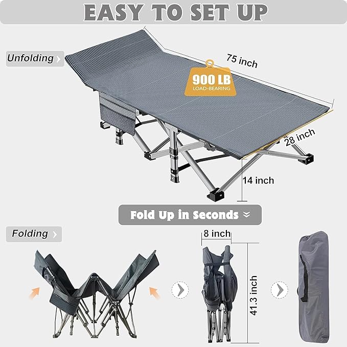 ABORON 2 Pack Folding Camping Cot W/Mat for Adults, Heavy Duty Outdoor Bed with Carry Bag,1200 D Layer Oxford Travel Camp Cots