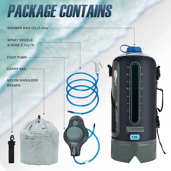 Portable Camping Shower Bag - 10L/2.2 Gallons and 12L/3.17 Gallons Solar Shower Water Bag with Foot Pump, Hose and Shower Head - Camp Shower for
