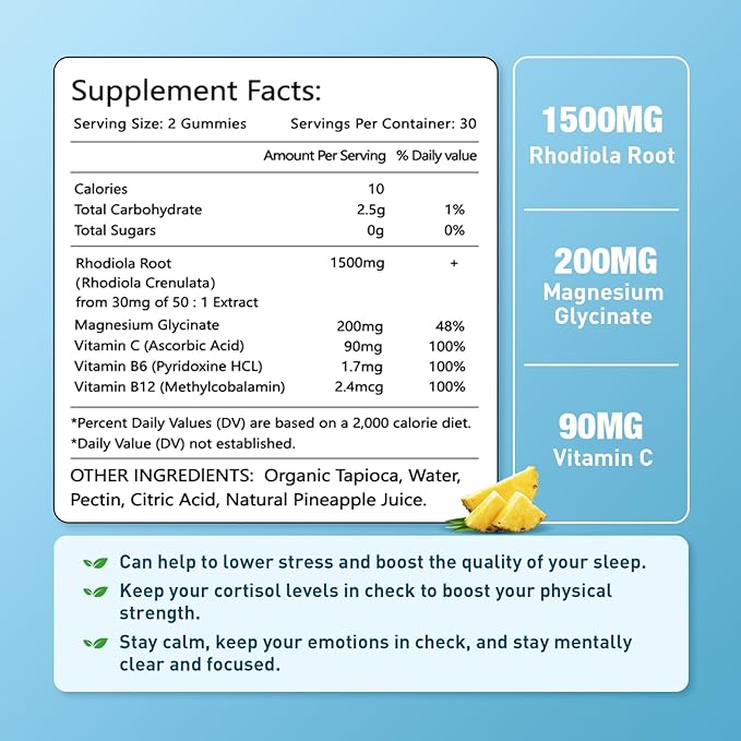 2 Pack Sugar-Free Rhodiola Rosea Gummies, Adaptogenic Rhodiola Rosea Supplement & Cortisol Blocker for Enhanced Stamina, Mood Elevation, and Motivation Boost, Non-GMO, Vegan, 120 Count