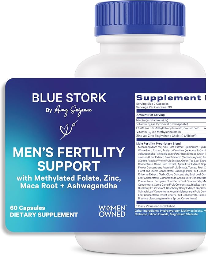 Blue Stork Fertility Supplements for Men - Supports Conception for Him - Male Prenatal Vitamins with Maca Root, Ashwagandha, Folate, B12 - Sperm Heath, Drive, Motility - 60 Capsules