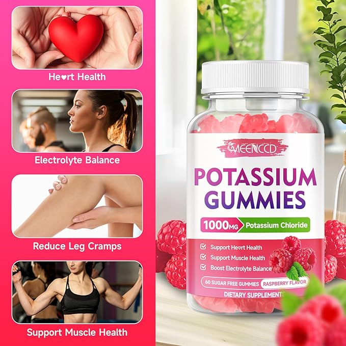 2 Pack Potassium Gummies, Potassium Chloride 1000mg for Adults, Sugar-Free Potassium Supplement Gummies Support Electrolyte Balance & Leg Cramps for Women & Men, Raspberry Flavor, 120 Count