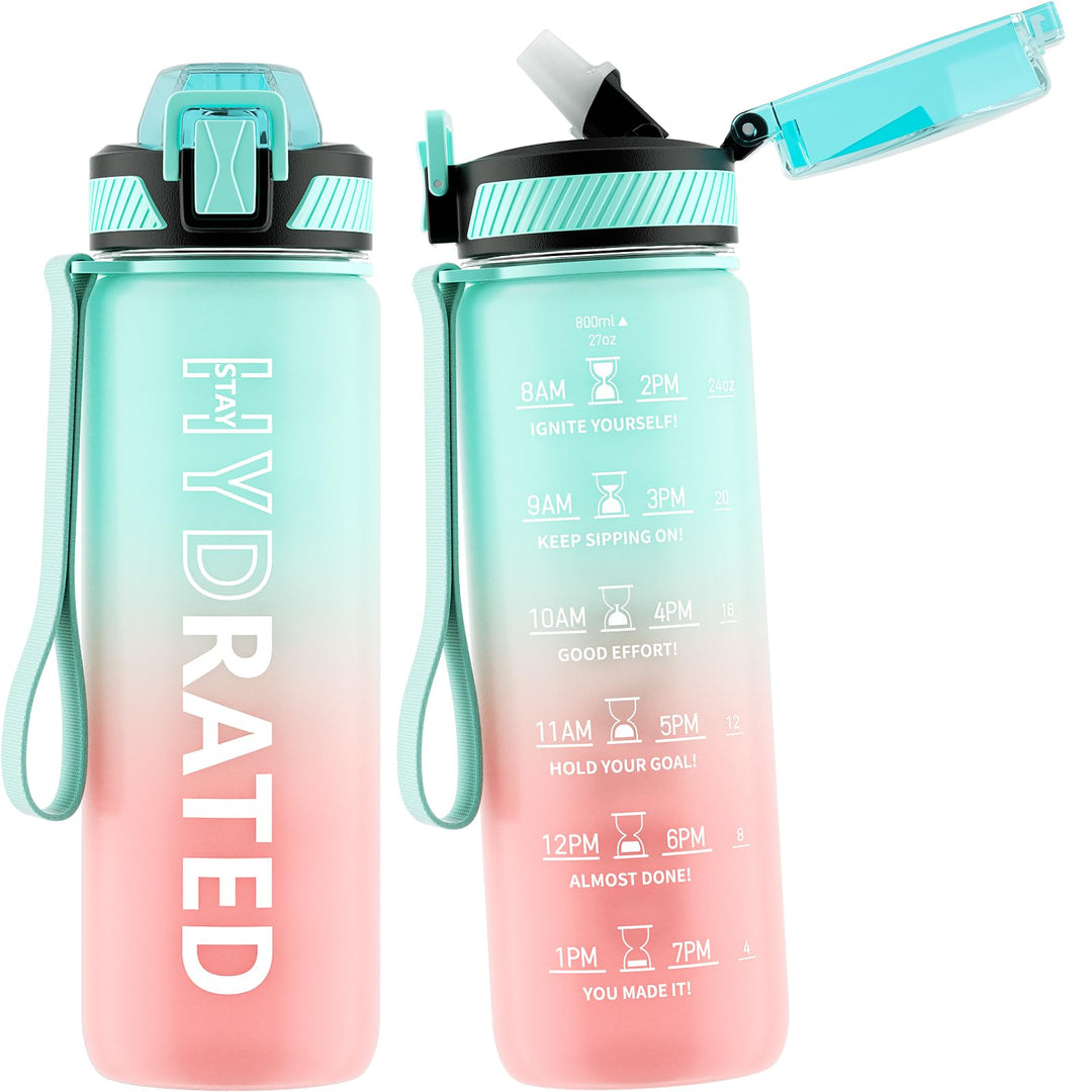 QLUR Water Bottle with Straw, 27 oz Motivational Water Bottles with Time Marker to Drink, Tritan BPA Free, 800ml Sports Water Bottle with Carry Strap LeakProof for School Fitness Outdoor (1Pack)