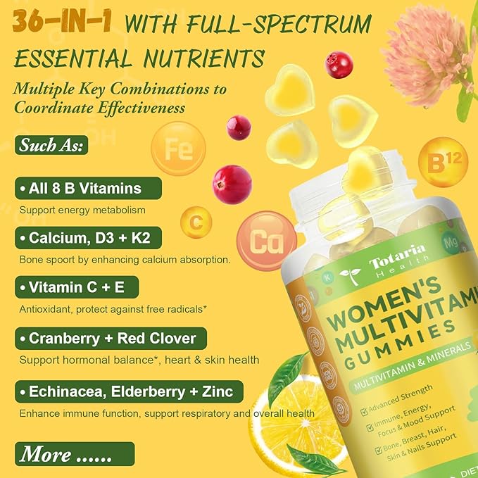 Sugar Free Multivitamin Gummies for Women 14+ w/Iron, Bariatric Multivitamin, Inositol, Folate, Biotin, Womens Daily Gummy w/Vitamin A, D, C, B, for Hair, Skin, Energy, Immune, Lemon Flavor