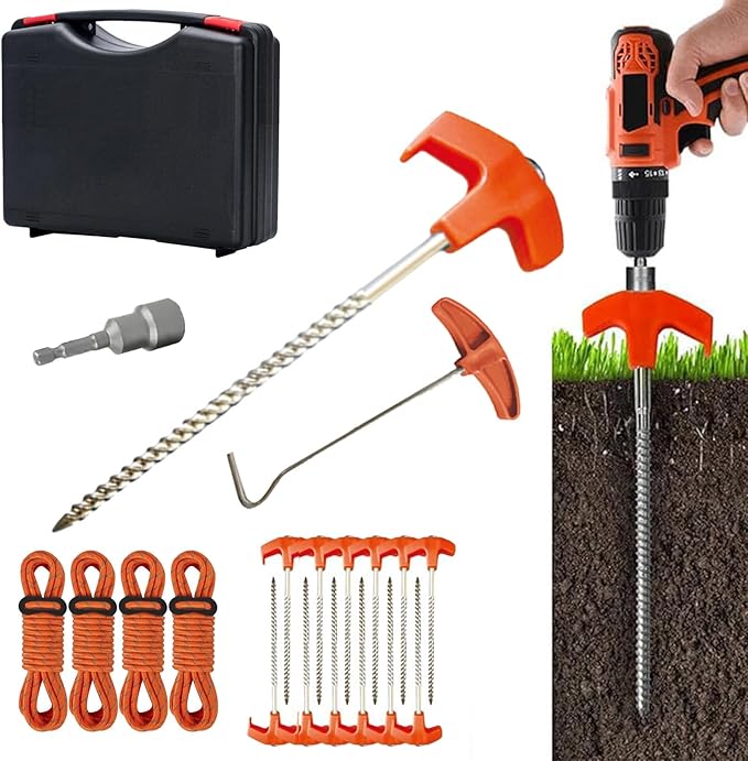 12 Pack Tent Stakes Heavy Duty, Screw in Tent Stakes Heavy Duty, Metal Tent Stakes, 8" Tent Pegs, Camping Stakes, with 1 Hex Head Driver, 1Stopper T Pull Hook, with 4 X 13ft Ropes,Storage Box (A1)