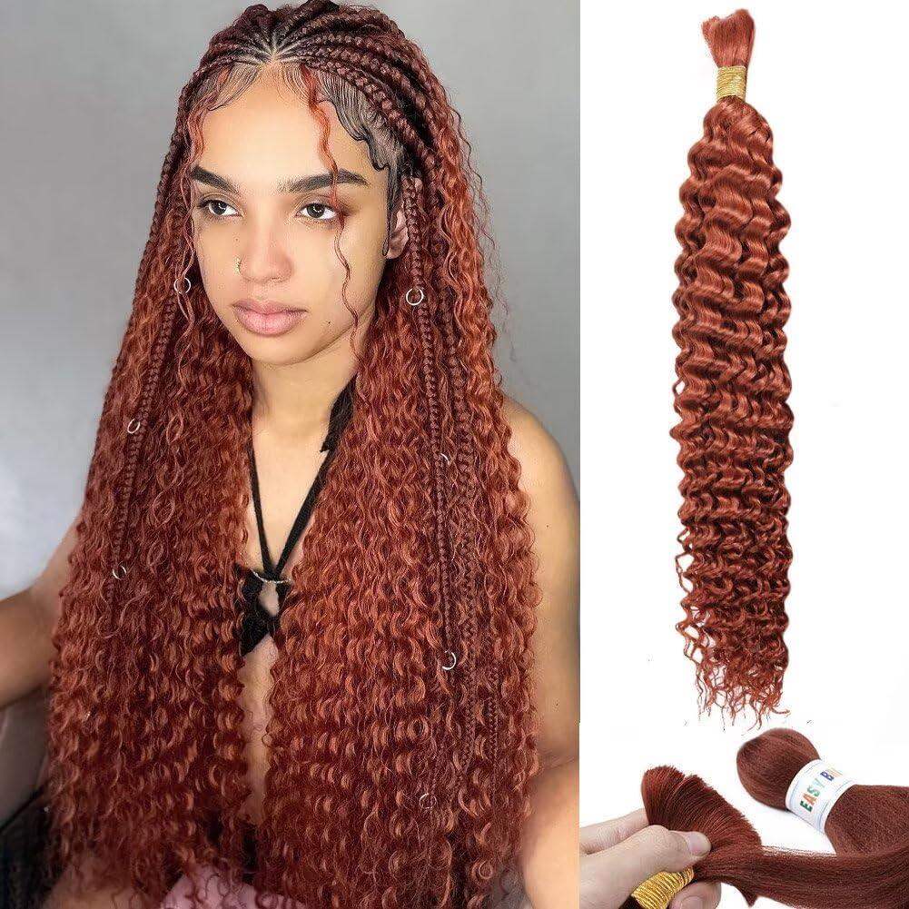 Dark Ginger Human Braiding Hair Deep Water Wave Bulk Human Hair 50g 18 Inch Color 350 Curly Human Hair for Boho Braids Hair Extensions No Weft 1 Braids Per Pack Wet and Wavy Human Hair Braiding Hair