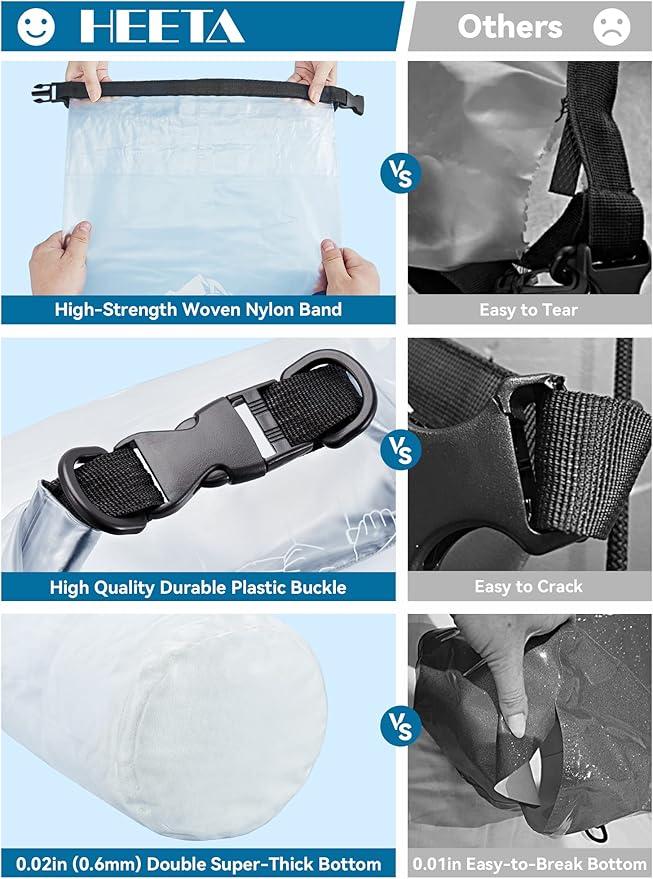 HEETA Dry Bag Waterproof for Women Men, 5L/10L/20L/30L/40L Roll Top Lightweight Dry Storage Bag Backpack with Phone Case for Travel, Swimming, Boating, Kayaking, Camping & Beach, 11 Transparent Colors