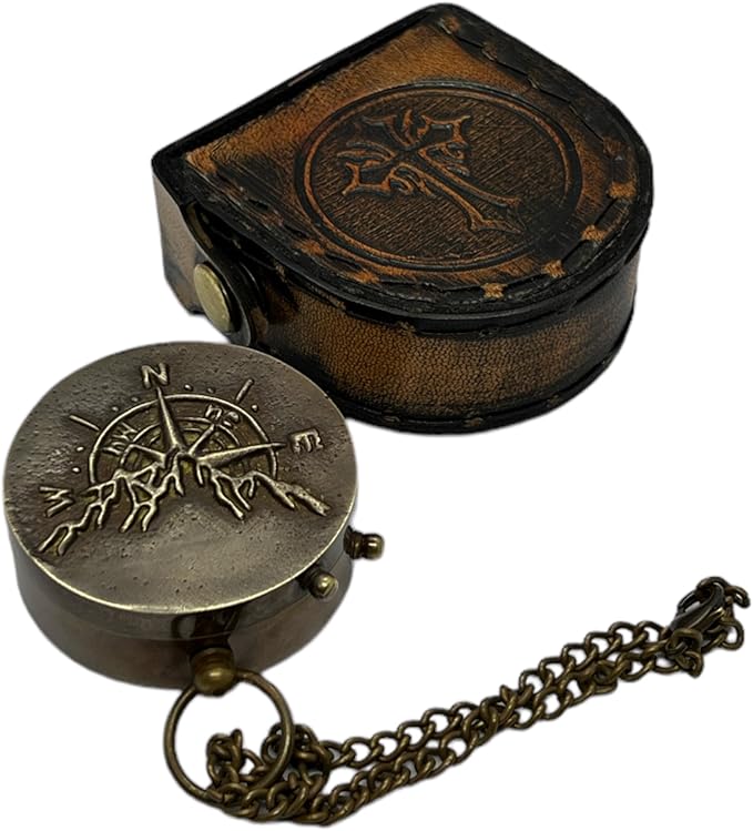 Antique Brass Compass with Detachable Chain & Carrying Case – Vintage Nautical Navigation Tool for Outdoor Hiking, Survival, and Travel – Gift for Collectors and Adventurers