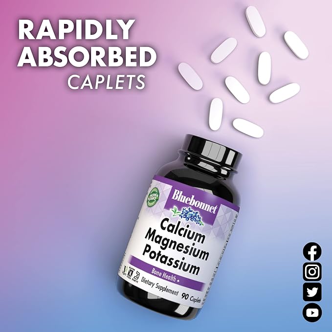 Bluebonnet Calcium Magnesium Potassium Supplement for Women & Men - Supports Healthy Bones - Calcium 1000mg Mineral Supplement Chelate Form - Non-GMO, Vegan, Gluten-Free – 90 Caplets