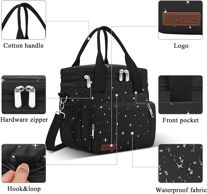 MIYCOO Lunch Bag & Lunch Box for Men Women Double Deck - Leakproof Insulated Soft Large Adult Lunch Cooler Bag for Work (Black Starry Sky,15L)