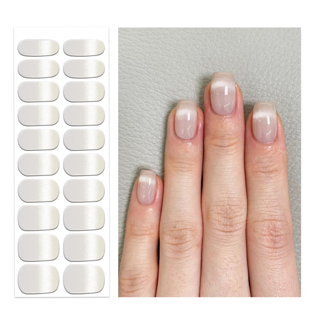 Oauee Semi Cured Gel Nail Strips | 20 Gel Nail Stickers | For Uv/Led Manicure Lamps | Salon Quality, Easy Application And Removal (Nude Gray Violet Cat's Eye)