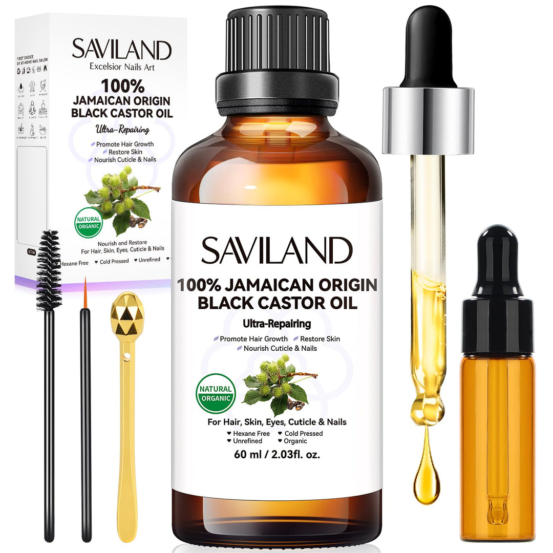 SAVILAND Jamaican Black Castor Oil Organic Cold Pressed Unrefined: 100% Pure and Natural Castor Oil for Hair Growth Eyebrows Face Skin Care Cuticle Nourish Massager Tools Home Care 60ML