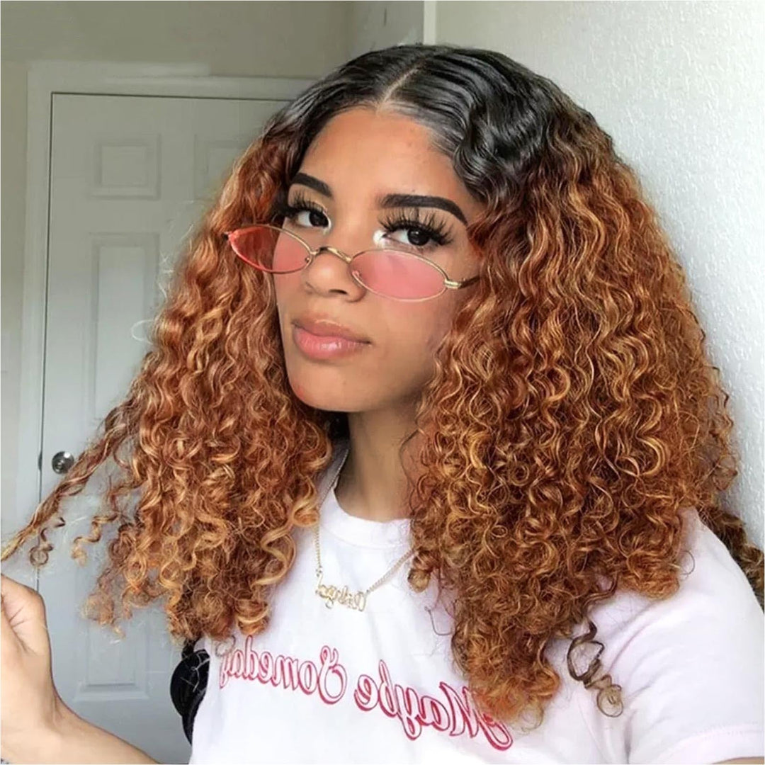 HIRIREMY Ombre Honey Blonde Deep Wave Lace Front Bob Wigs Human Hair for Black Women Wet and Wavy 13x4 HD Ombre Brown Short Curly Bob Wigs Human Hair Pre Plucked Wear and Go Glueless 1B/30 14 Inch