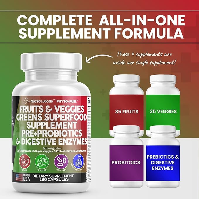 Clean Nutraceuticals Fruits and Veggies Supplement Reds & Green Superfood - Balance of Over 70 Fruit & Vegetable Supplements Capsules with Probiotics Prebiotics Digestive Enzymes - 2Pack