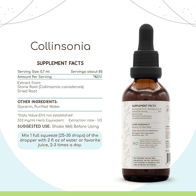 Collinsonia B60 Alcohol-Free Herbal Extract Tincture, Wildcrafted Stoneroot (Collinsonia Canadensis) Dried Root (2 fl oz)